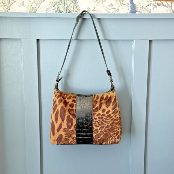 Coldwater Creek‎ Leopard Print Faux Fur Shoulder Bag Faux Crocodile Medium Purse - Picture 1 of 12